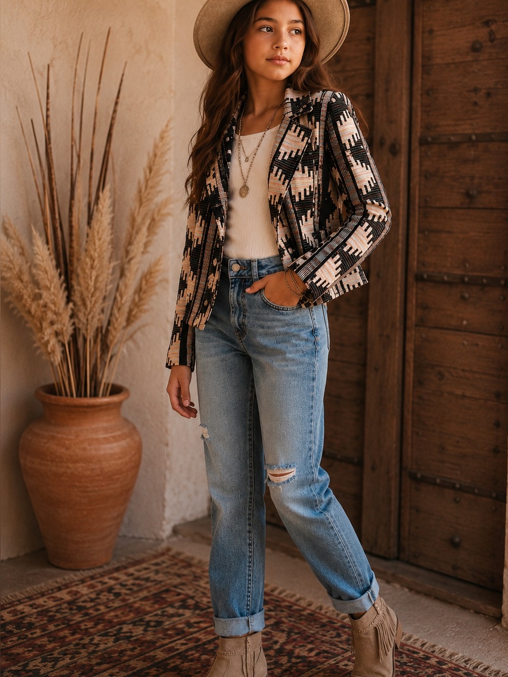 Nameless Girls Large Southwestern Aztec Moto Jacket Boho Festival Zip Up